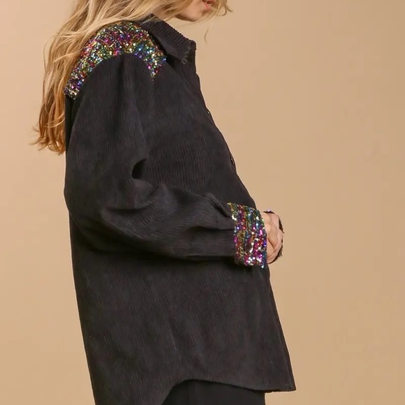 New Umgee Sequin Button Down Front Jacket Collar Flannel Top Shacket Bling Black - Picture 5 of 8